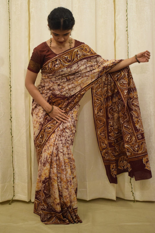 Santiti- Deep Brown Cotton Batik saree