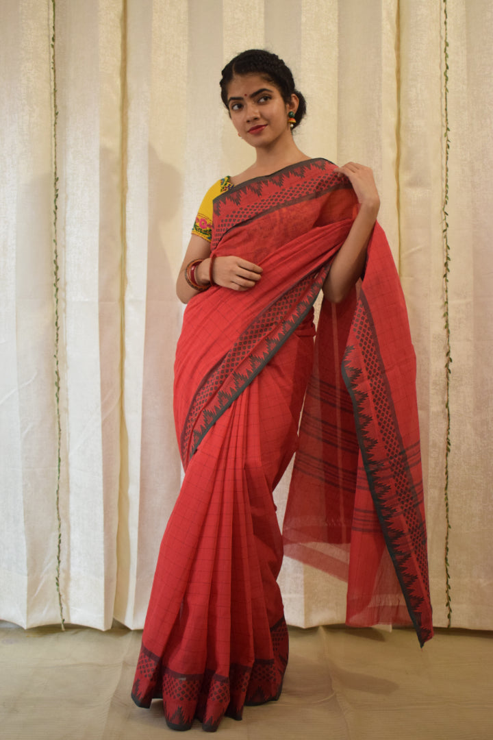 Kamya- Red Cotton Chettinadu Saree