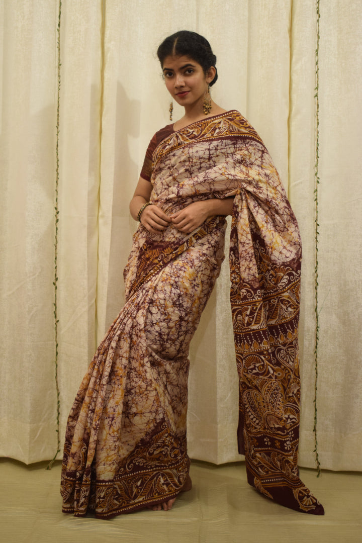 Santiti- Deep Brown Cotton Batik saree