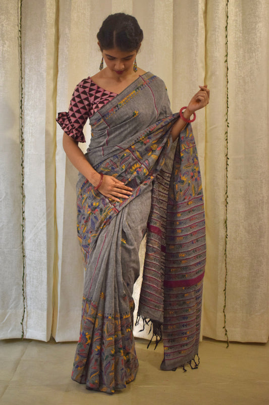 Gauravi: Ash Grey Khadi Cotton Kantha Saree