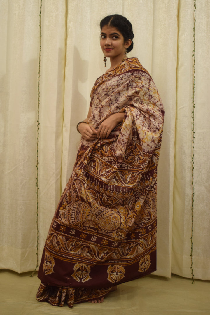 Santiti- Deep Brown Cotton Batik saree