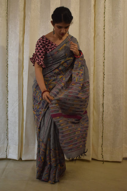 Gauravi: Ash Grey Khadi Cotton Kantha Saree