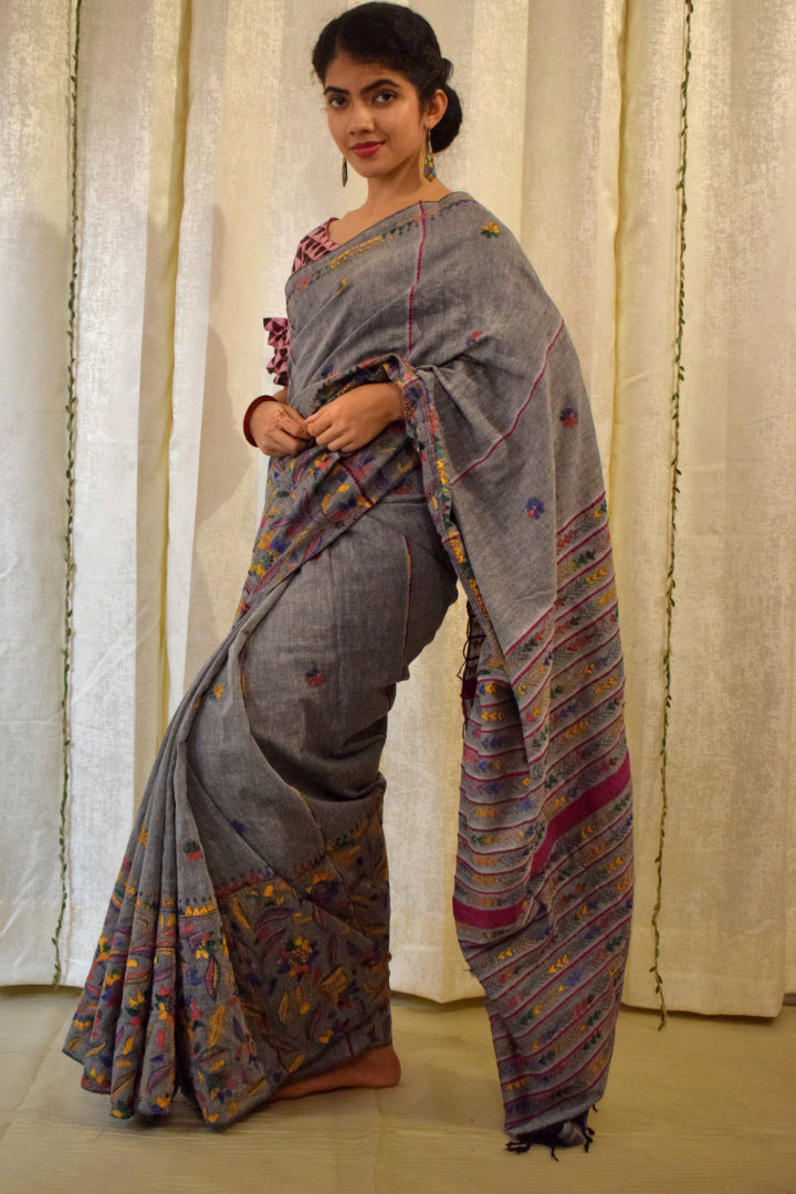 Gauravi: Ash Grey Khadi Cotton Kantha Saree