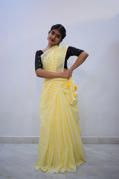 Varadā- Yellow & White Mulmul Stripes Saree