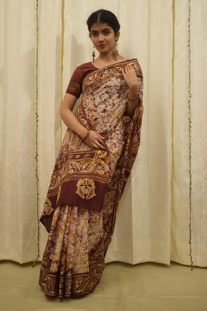 Santiti- Deep Brown Cotton Batik saree