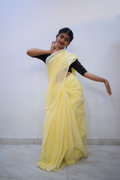 Varadā- Yellow & White Mulmul Stripes Saree