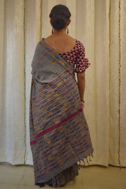 Gauravi: Ash Grey Khadi Cotton Kantha Saree