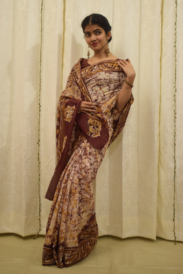 Santiti- Deep Brown Cotton Batik saree