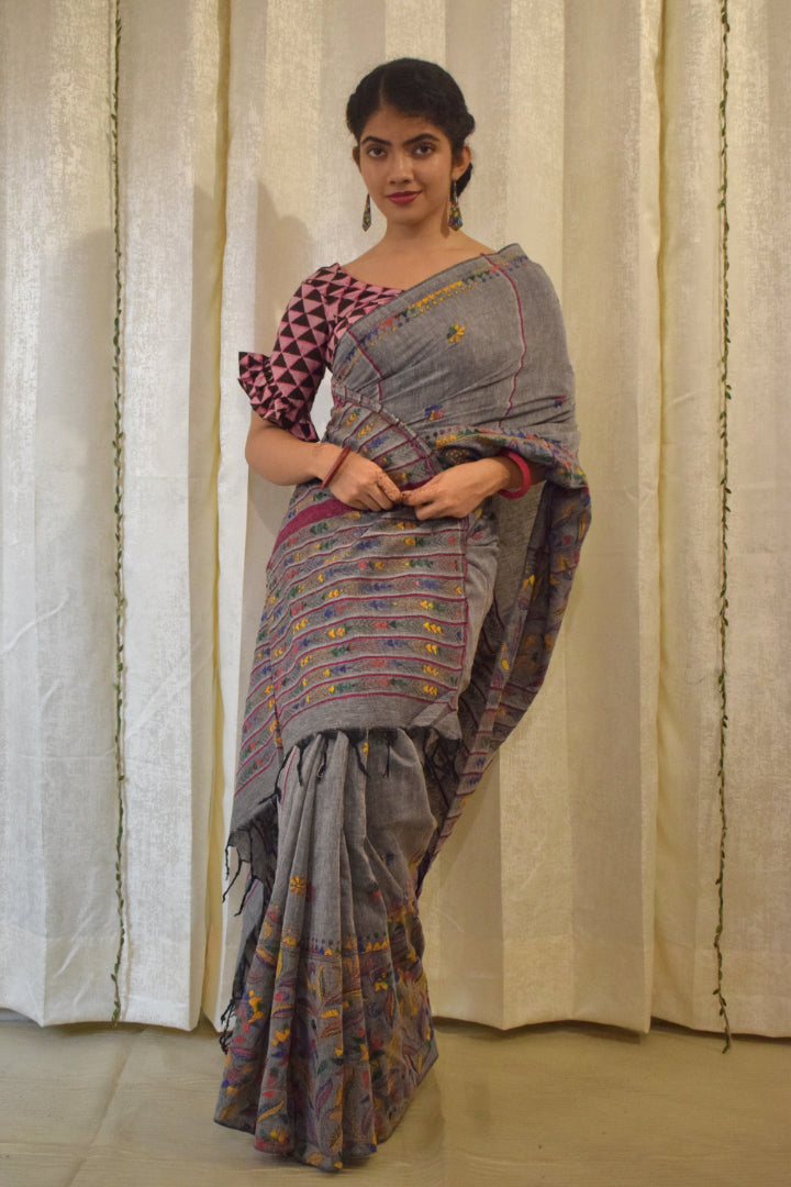 Gauravi: Ash Grey Khadi Cotton Kantha Saree