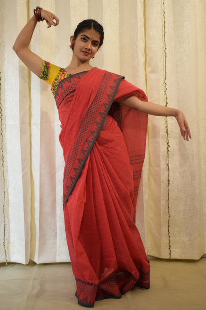 Kamya- Red Cotton Chettinadu Saree