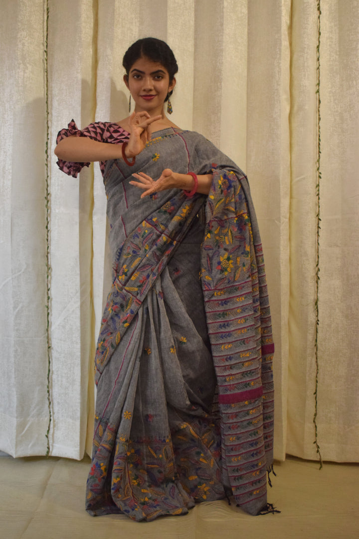 Gauravi: Ash Grey Khadi Cotton Kantha Saree