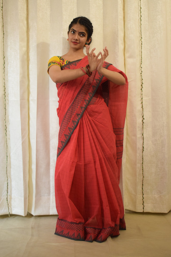 Kamya- Red Cotton Chettinadu Saree