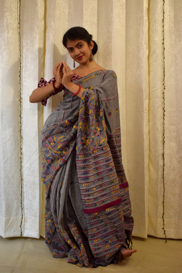 Gauravi: Ash Grey Khadi Cotton Kantha Saree