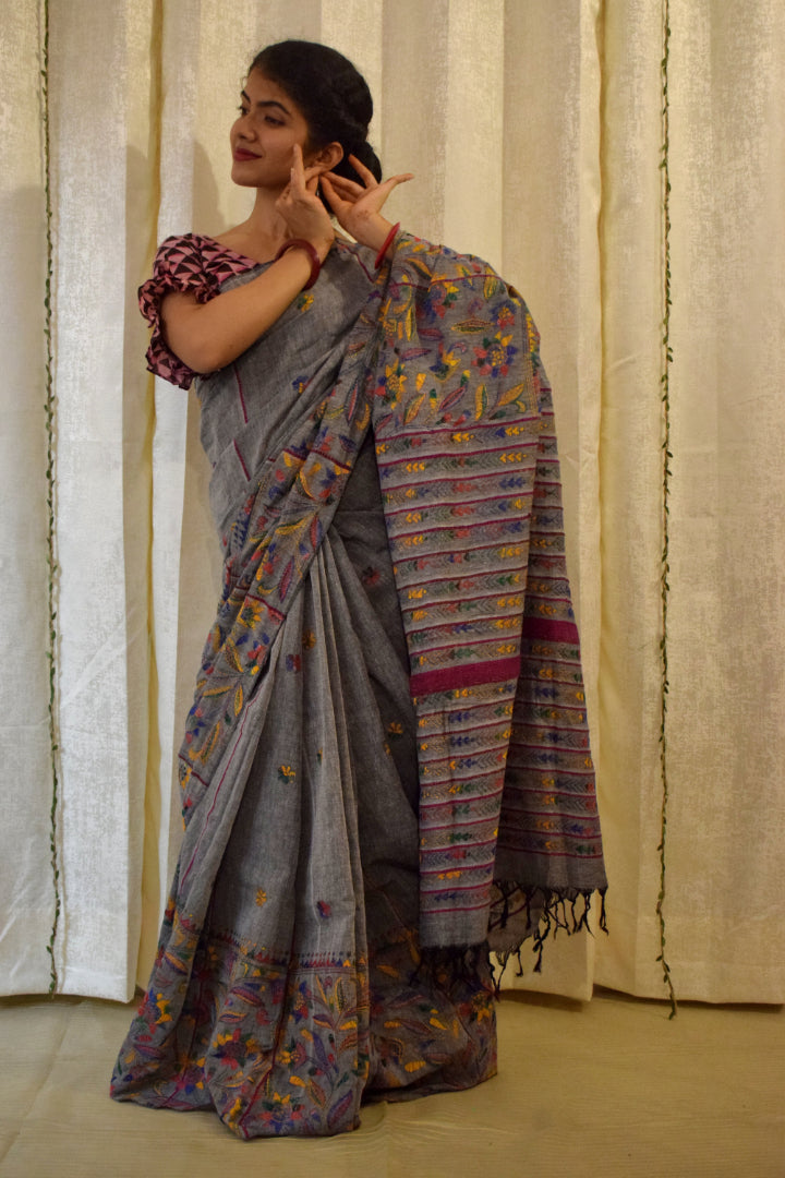 Gauravi: Ash Grey Khadi Cotton Kantha Saree