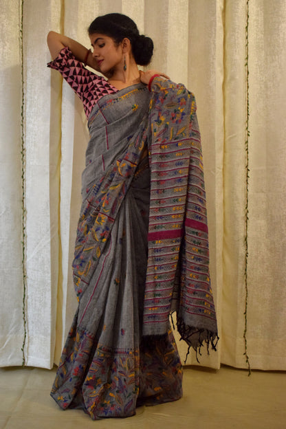 Gauravi: Ash Grey Khadi Cotton Kantha Saree