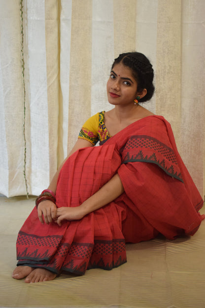 Kamya- Red Cotton Chettinadu Saree