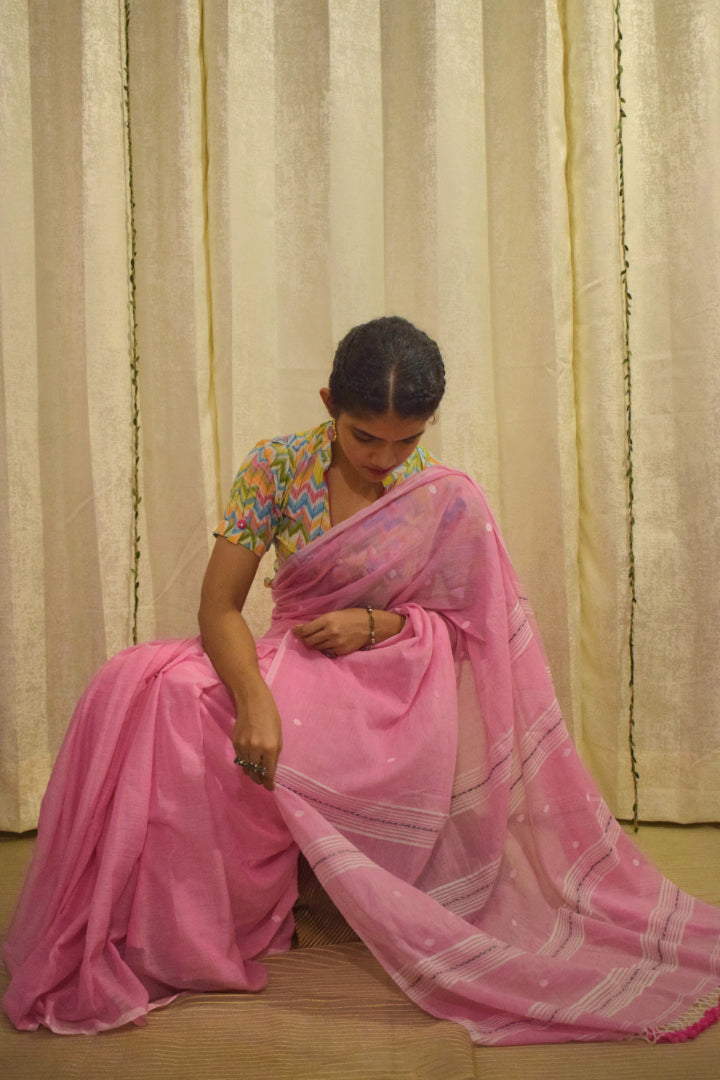 Padma: Pink Mulmul Buti Saree