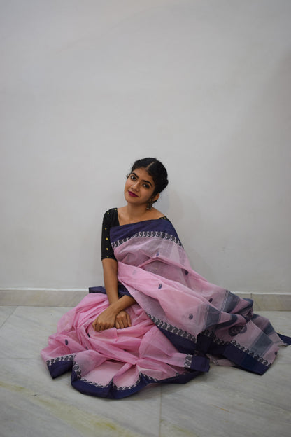 Aeindri- Pink & Grey Cotton Tangail Saree