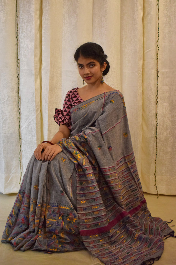 Gauravi: Ash Grey Khadi Cotton Kantha Saree