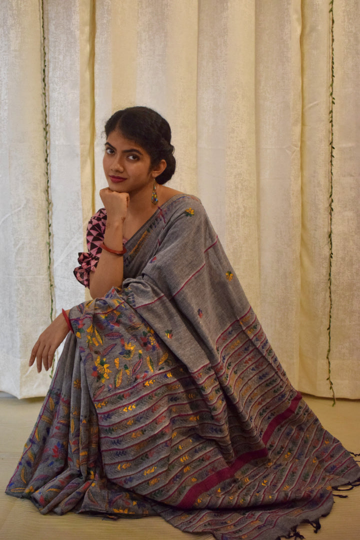 Gauravi: Ash Grey Khadi Cotton Kantha Saree