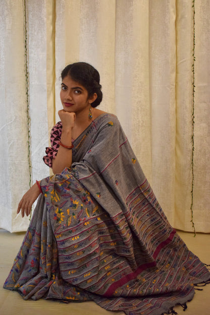 Gauravi: Ash Grey Khadi Cotton Kantha Saree