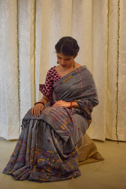 Gauravi: Ash Grey Khadi Cotton Kantha Saree