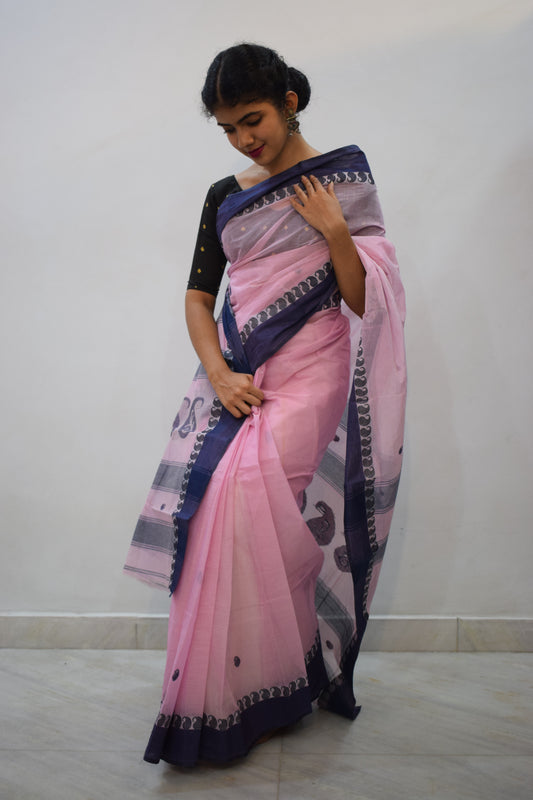 Aeindri- Pink & Grey Cotton Tangail Saree