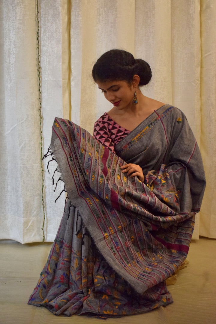 Gauravi: Ash Grey Khadi Cotton Kantha Saree