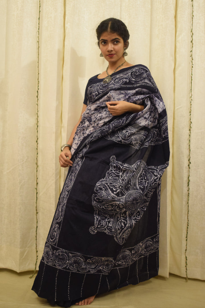 Neeladri- Midnight Blue Cotton Batik Saree