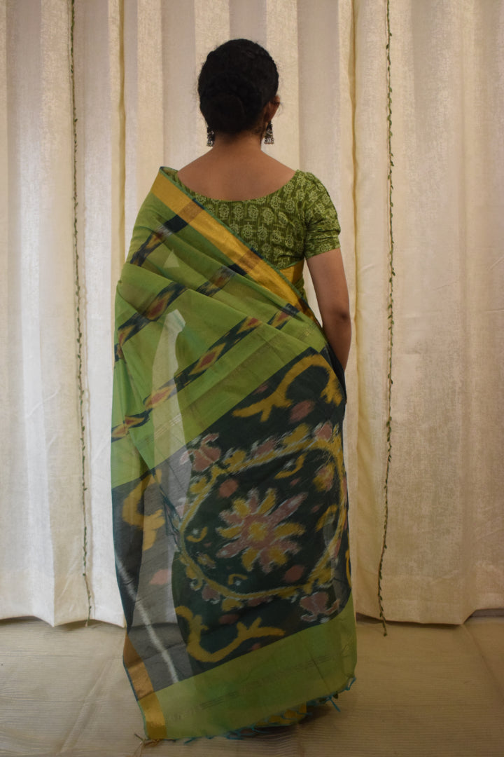 Sātviki- Green Cotton-Silk Pochampally Ikat Saree