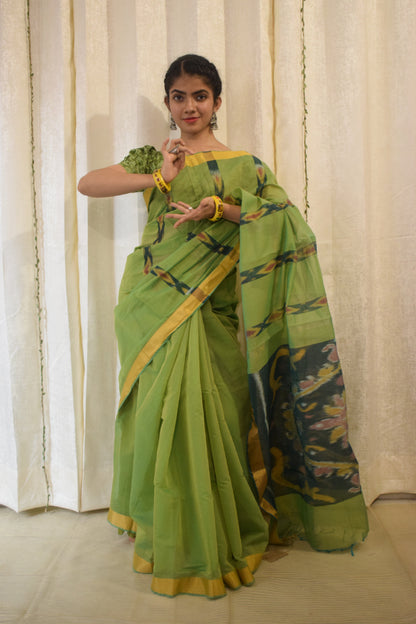 Sātviki- Green Cotton-Silk Pochampally Ikat Saree