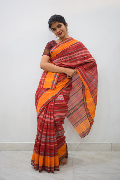 Dhananyā- Red & Yellow Dhaniakhali Cotton Saree