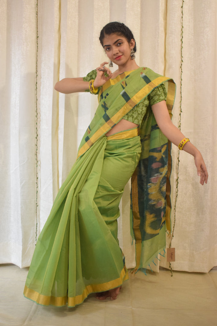 Sātviki- Green Cotton-Silk Pochampally Ikat Saree