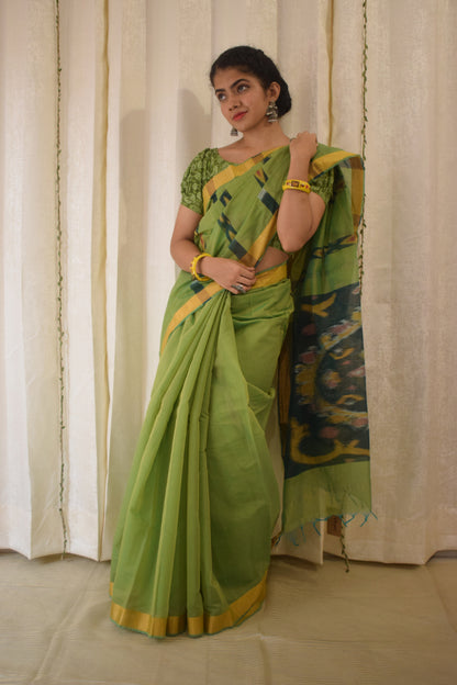 Sātviki- Green Cotton-Silk Pochampally Ikat Saree