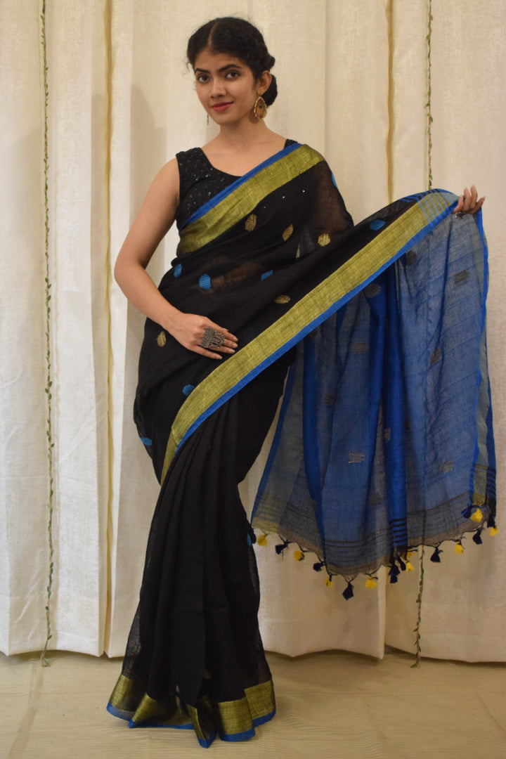 Kiara: Black Linen Jamdani Saree