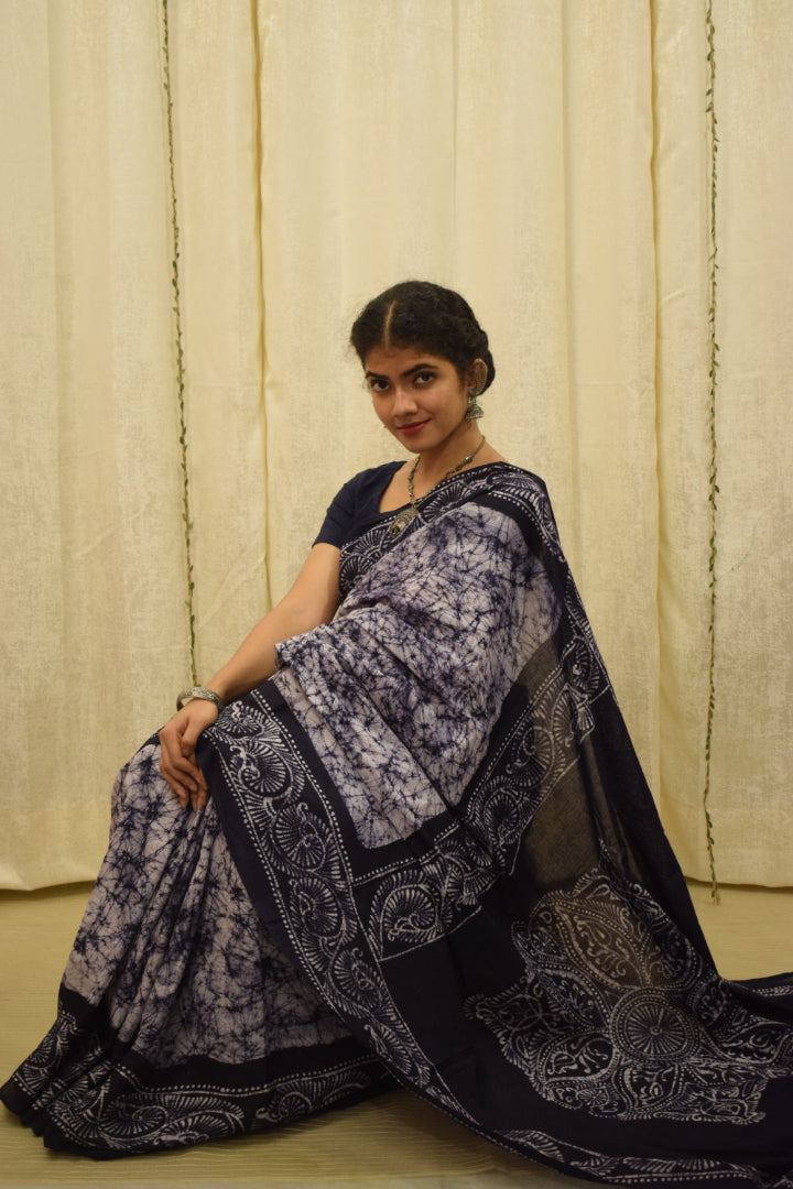 Neeladri- Midnight Blue Cotton Batik Saree