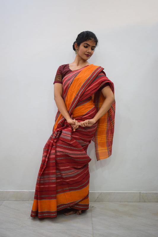 Dhananyā- Red & Yellow Dhaniakhali Cotton Saree