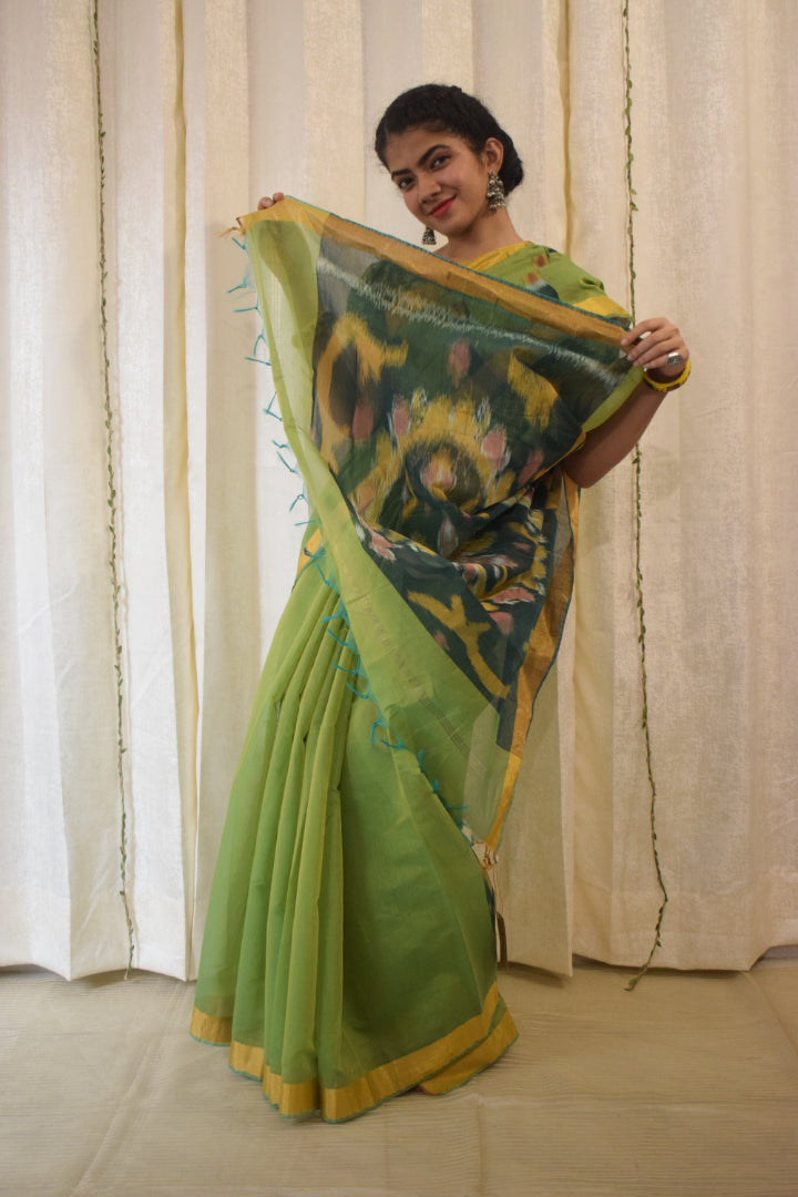 Sātviki- Green Cotton-Silk Pochampally Ikat Saree