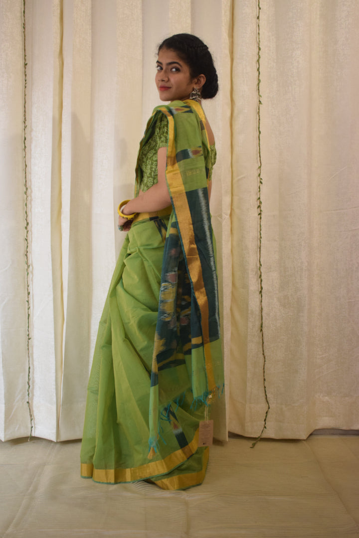 Sātviki- Green Cotton-Silk Pochampally Ikat Saree