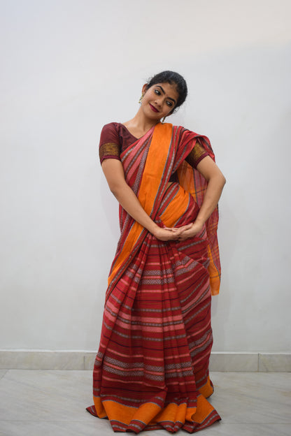 Dhananyā- Red & Yellow Dhaniakhali Cotton Saree