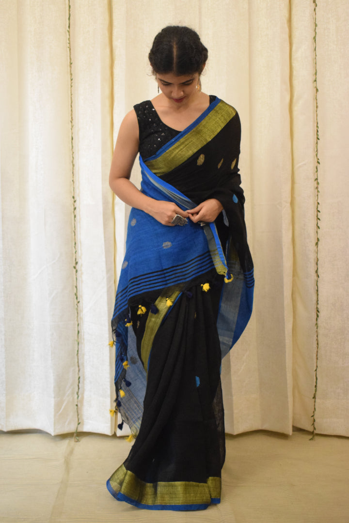 Kiara: Black Linen Jamdani Saree