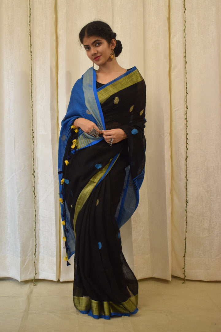 Kiara: Black Linen Jamdani Saree