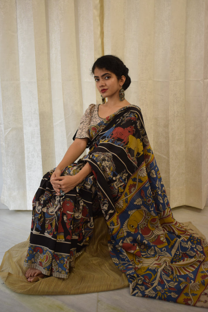 Kathā- Black Cotton Kalamkari saree