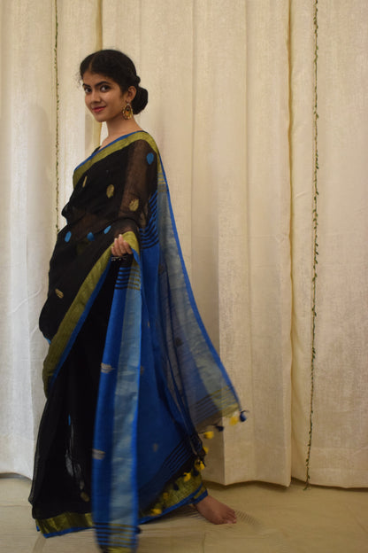 Kiara: Black Linen Jamdani Saree