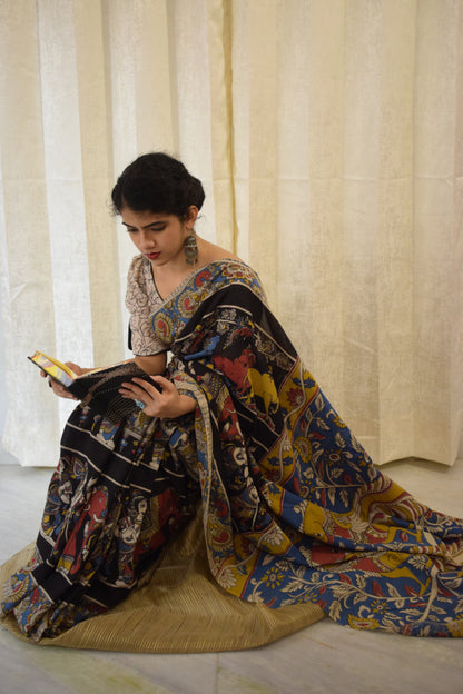 Kathā- Black Cotton Kalamkari saree