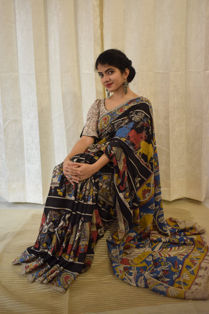 Kathā- Black Cotton Kalamkari saree