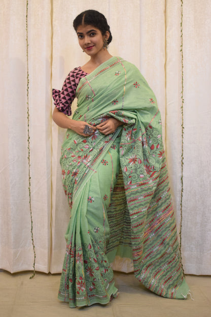 Revati: Pistachio Green Khadi Cotton Kantha Saree