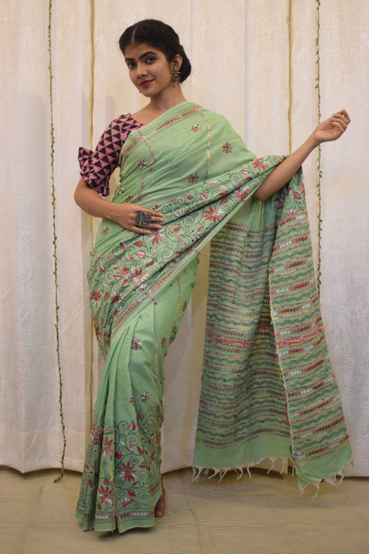 Revati: Pistachio Green Khadi Cotton Kantha Saree