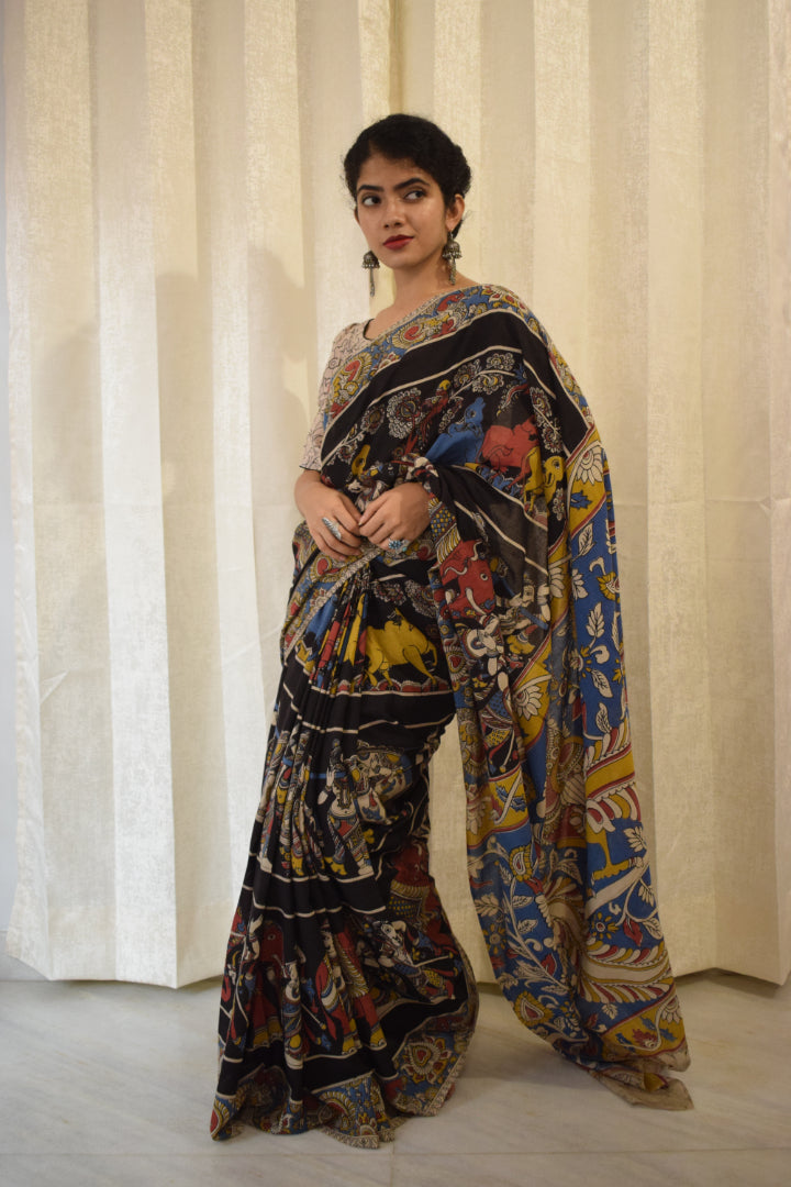 Kathā- Black Cotton Kalamkari saree