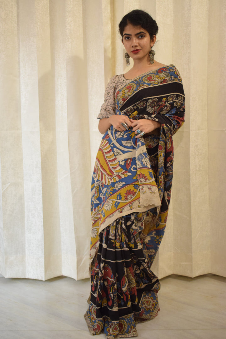 Kathā- Black Cotton Kalamkari saree